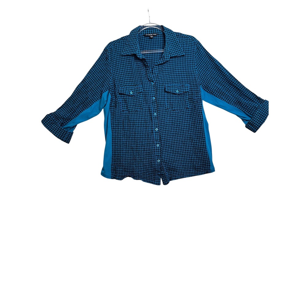 Zac & Rachel Woman 3X Teal Black Houndstooth‎ Button Down Shirt Cotton - Picture 2 of 10